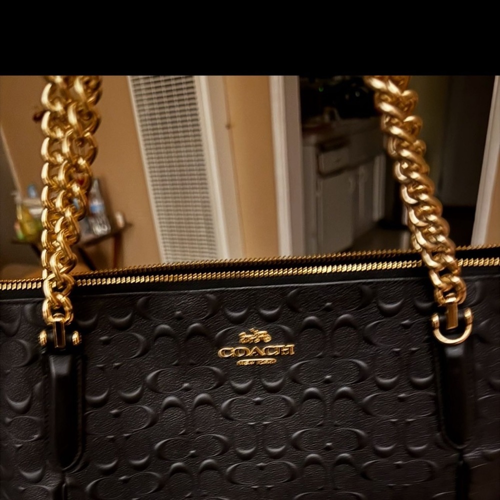 Coach Black Embossed Shoulder Bag with Gold Chain